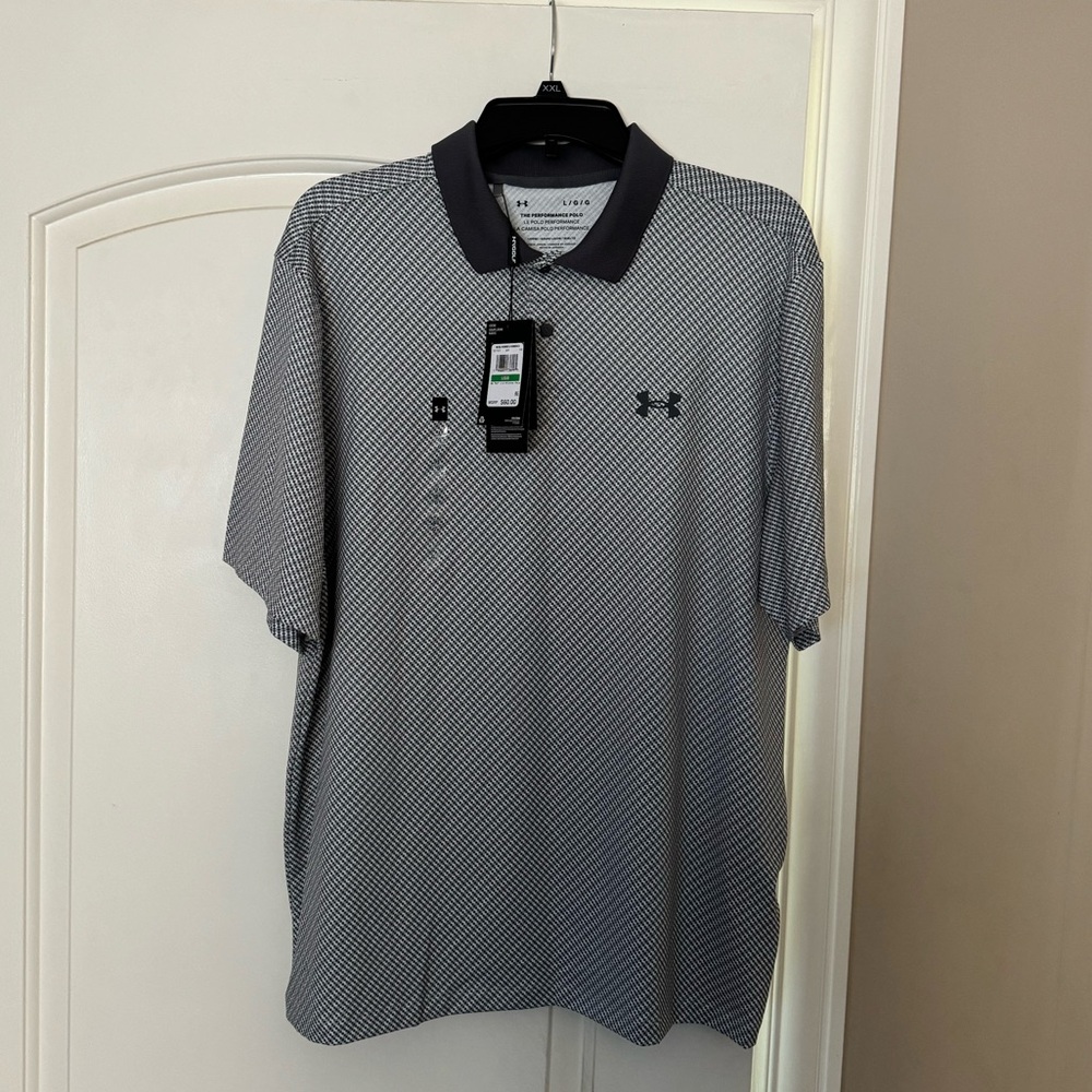 Brand new”Under Armour”men’s shirt(printed polo).Size-L,color-gray/white.🤍